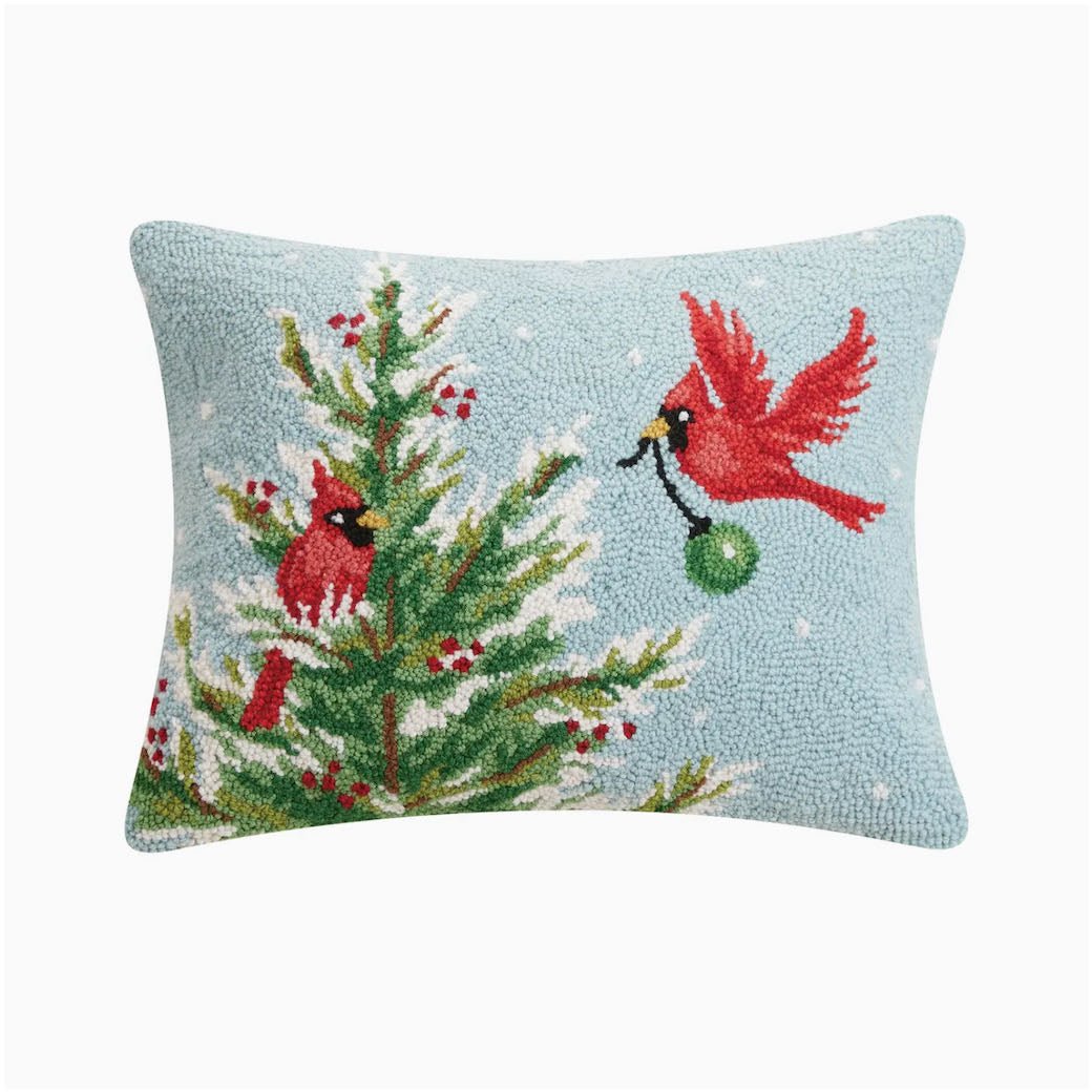 Two Cardinals in a Christmas Tree Hooked Rug Pillow - Marmalade Mercantile