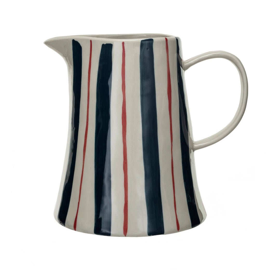 Two Quart Hand - Painted Stoneware Pitcher Red & Blue Stripes - Marmalade Mercantile