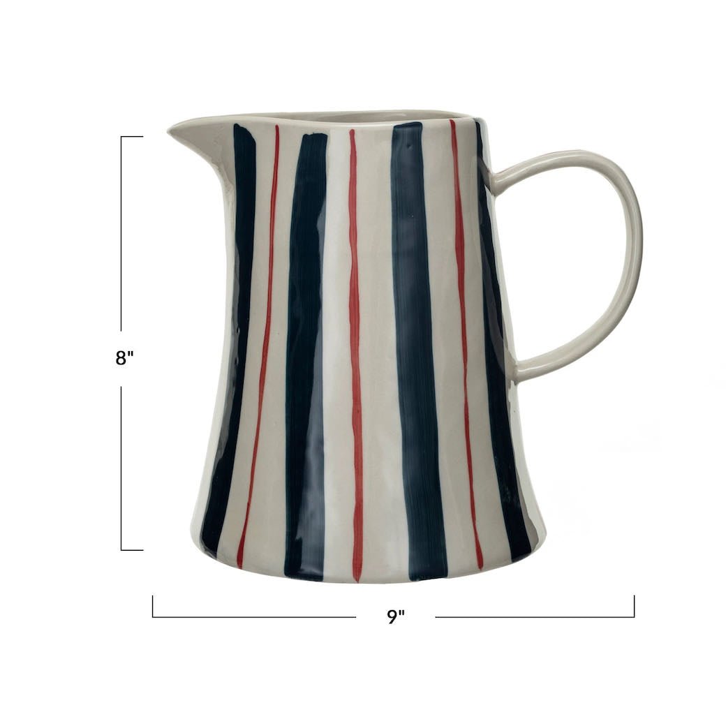 Two Quart Hand - Painted Stoneware Pitcher Red & Blue Stripes - Marmalade Mercantile