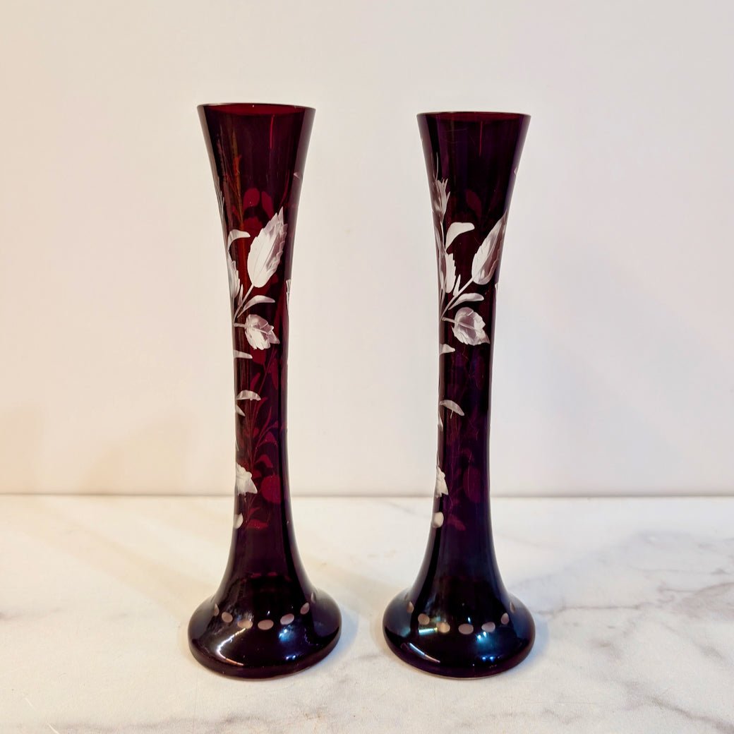 Two Vintage Red Bohemian Glass Bud Vases Ruby - Cut - To - Clear - Marmalade Mercantile