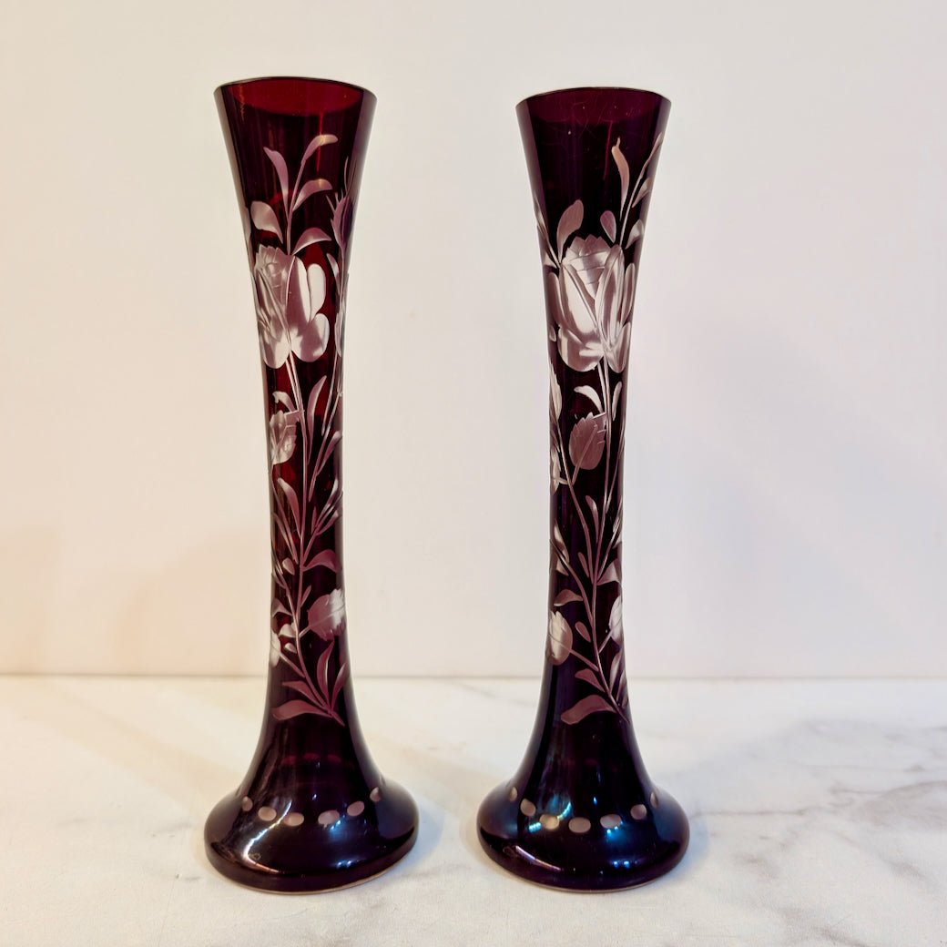 Two Vintage Red Bohemian Glass Bud Vases Ruby - Cut - To - Clear - Marmalade Mercantile