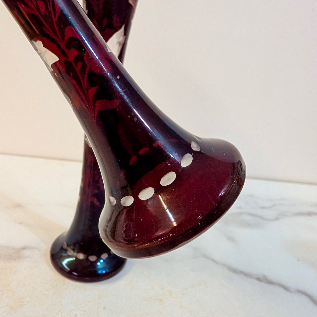 Two Vintage Red Bohemian Glass Bud Vases Ruby - Cut - To - Clear - Marmalade Mercantile