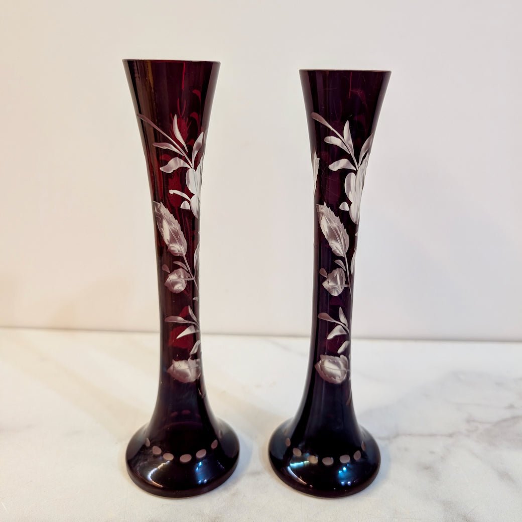 Two Vintage Red Bohemian Glass Bud Vases Ruby - Cut - To - Clear - Marmalade Mercantile