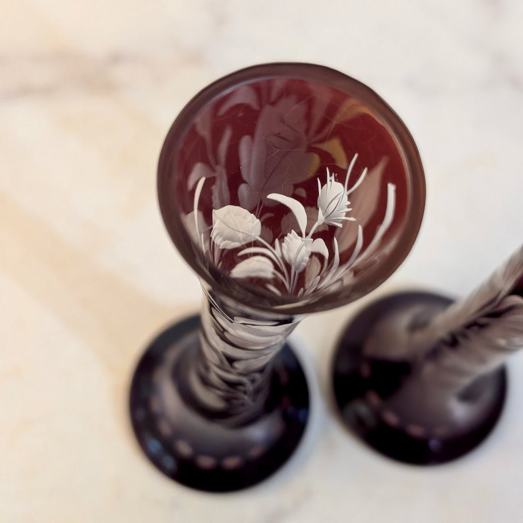 Two Vintage Red Bohemian Glass Bud Vases Ruby - Cut - To - Clear - Marmalade Mercantile