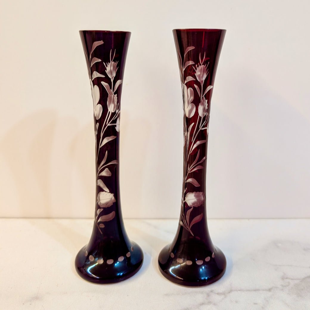 Two Vintage Red Bohemian Glass Bud Vases Ruby - Cut - To - Clear - Marmalade Mercantile