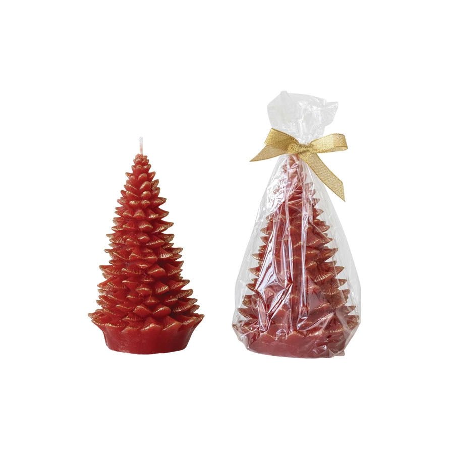 Unscented Tree - Shaped Candle Holly Berry Red w Gold Tips - Marmalade Mercantile