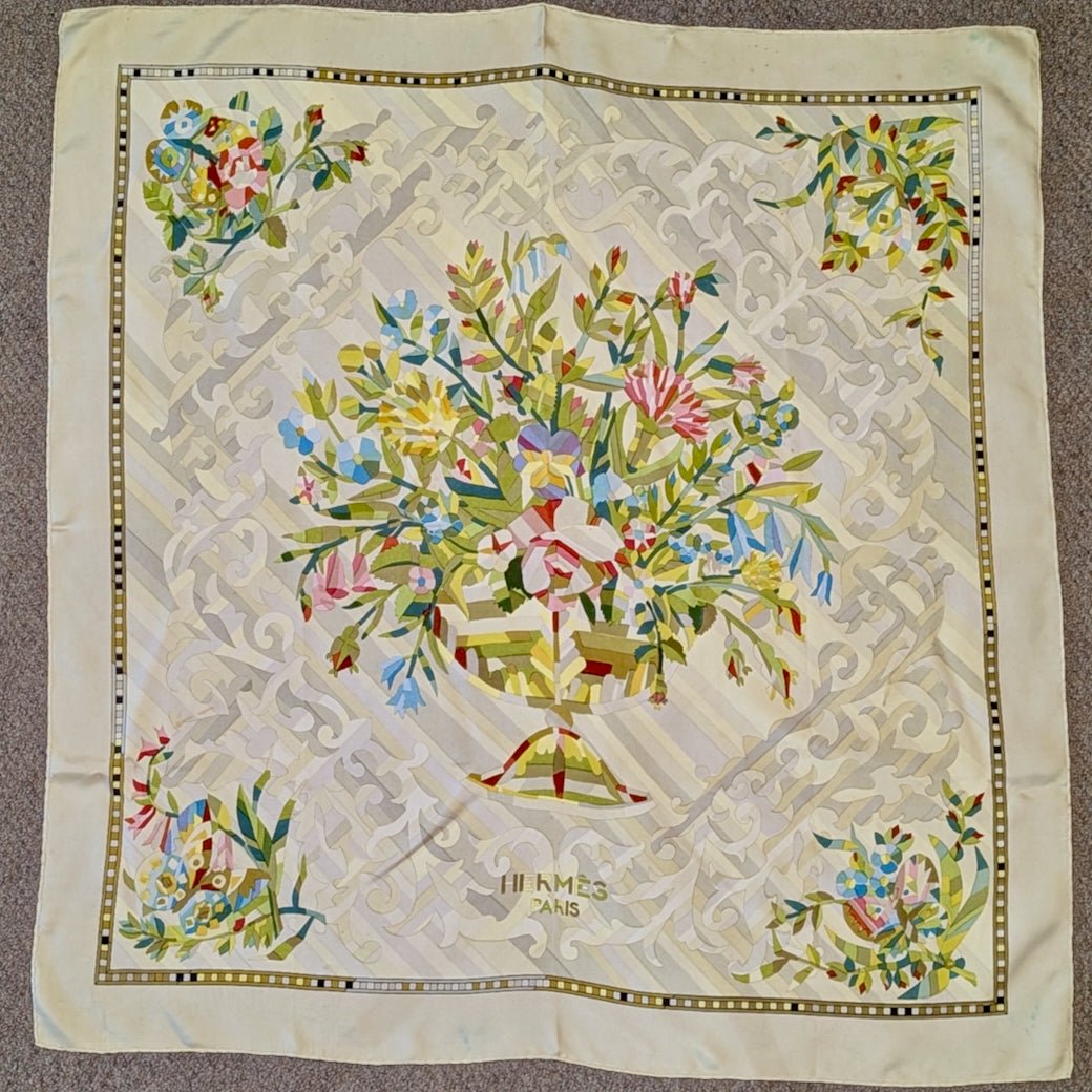 Vintage 1960s Hermes Silk Scarf Flora Marqueterie (Floral Marketry) by Francoise Heron - Marmalade Mercantile
