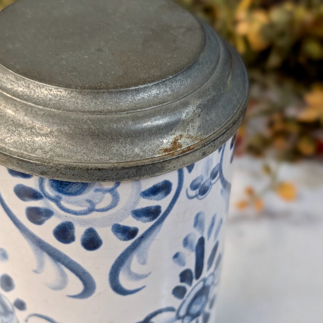Vintage Blue & White Stoneware Stein with Metal Hinged Lid - Marmalade Mercantile