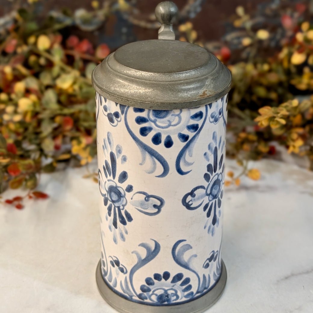 Vintage Blue & White Stoneware Stein with Metal Hinged Lid - Marmalade Mercantile