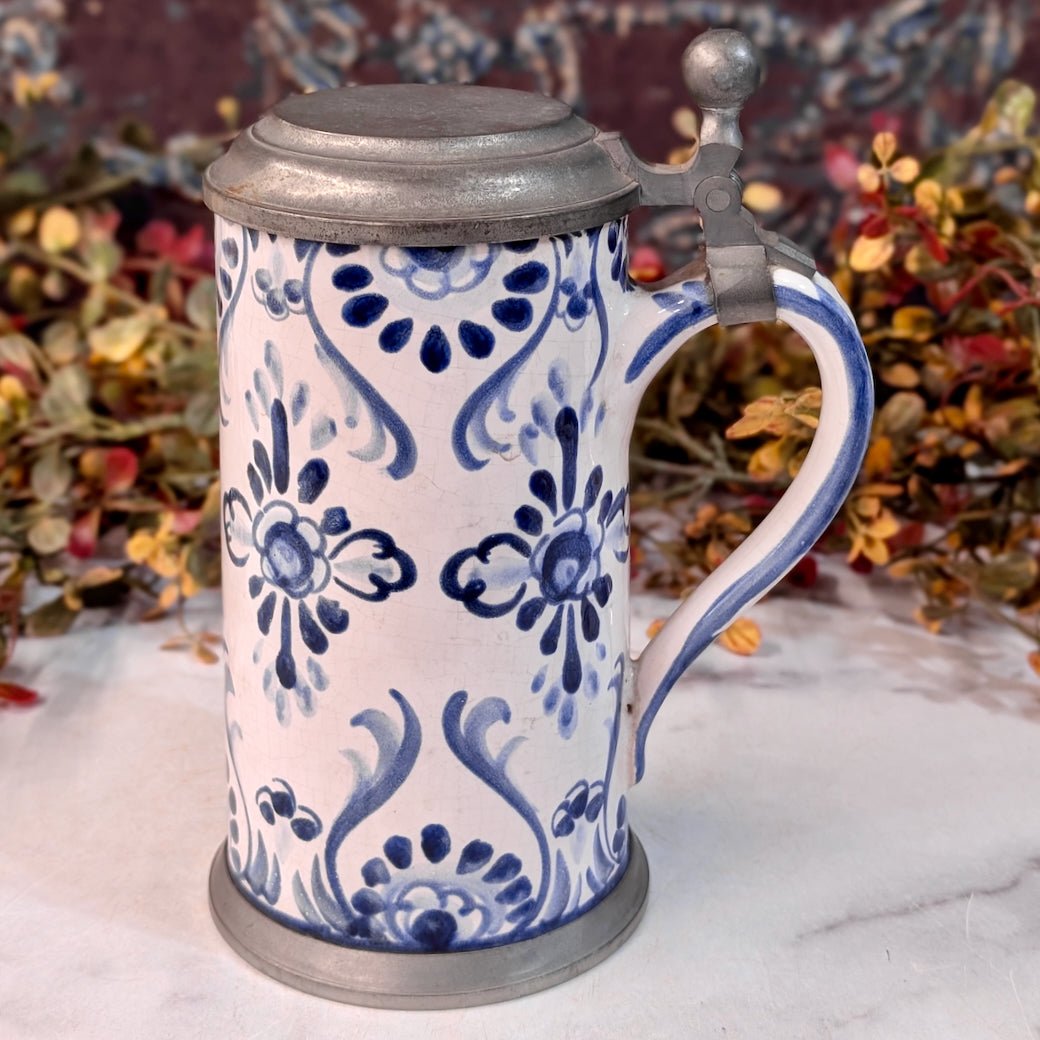 Vintage Blue & White Stoneware Stein with Metal Hinged Lid - Marmalade Mercantile