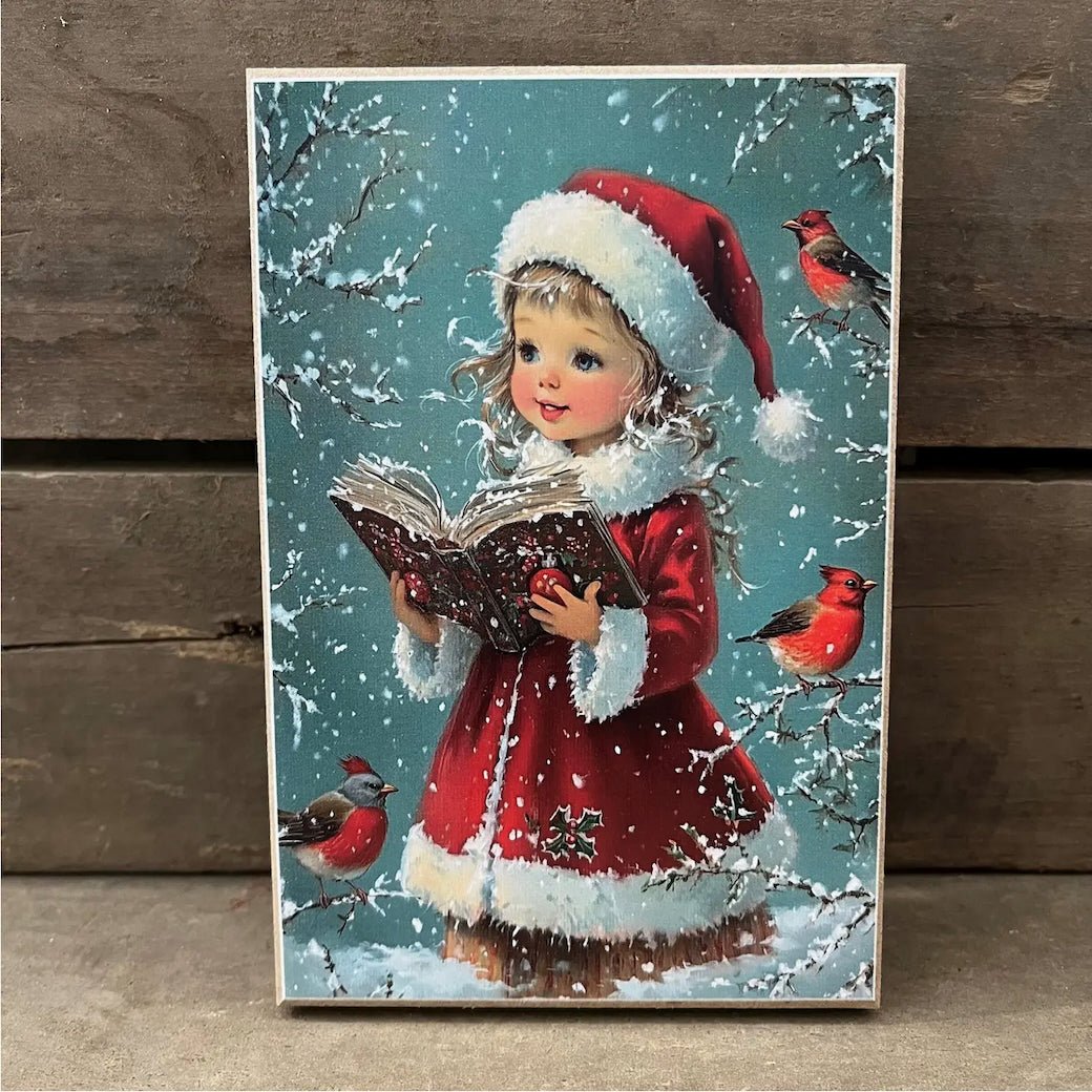 Vintage Christmas Girl with Birds Block Sign - Marmalade Mercantile