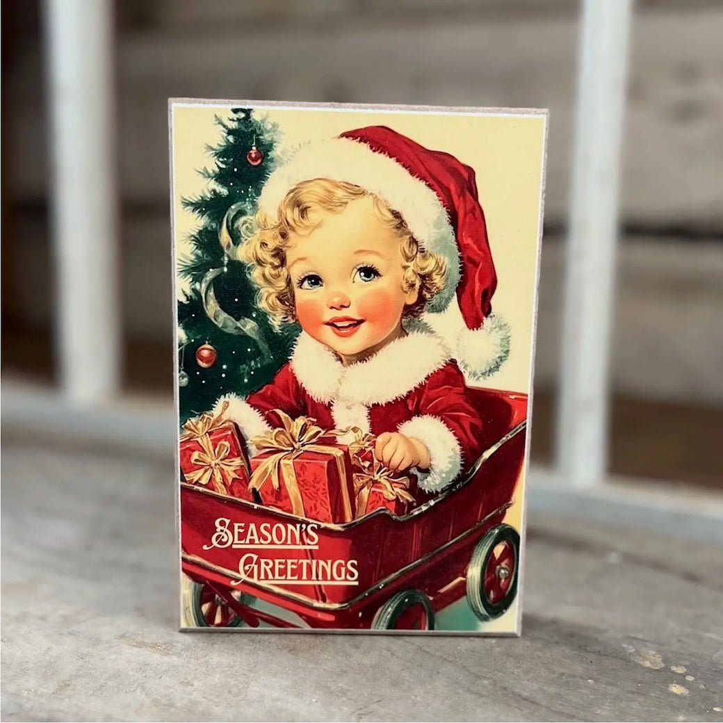 Vintage Christmas Girl with Wagon Season's Greetings Block Sign - Marmalade Mercantile