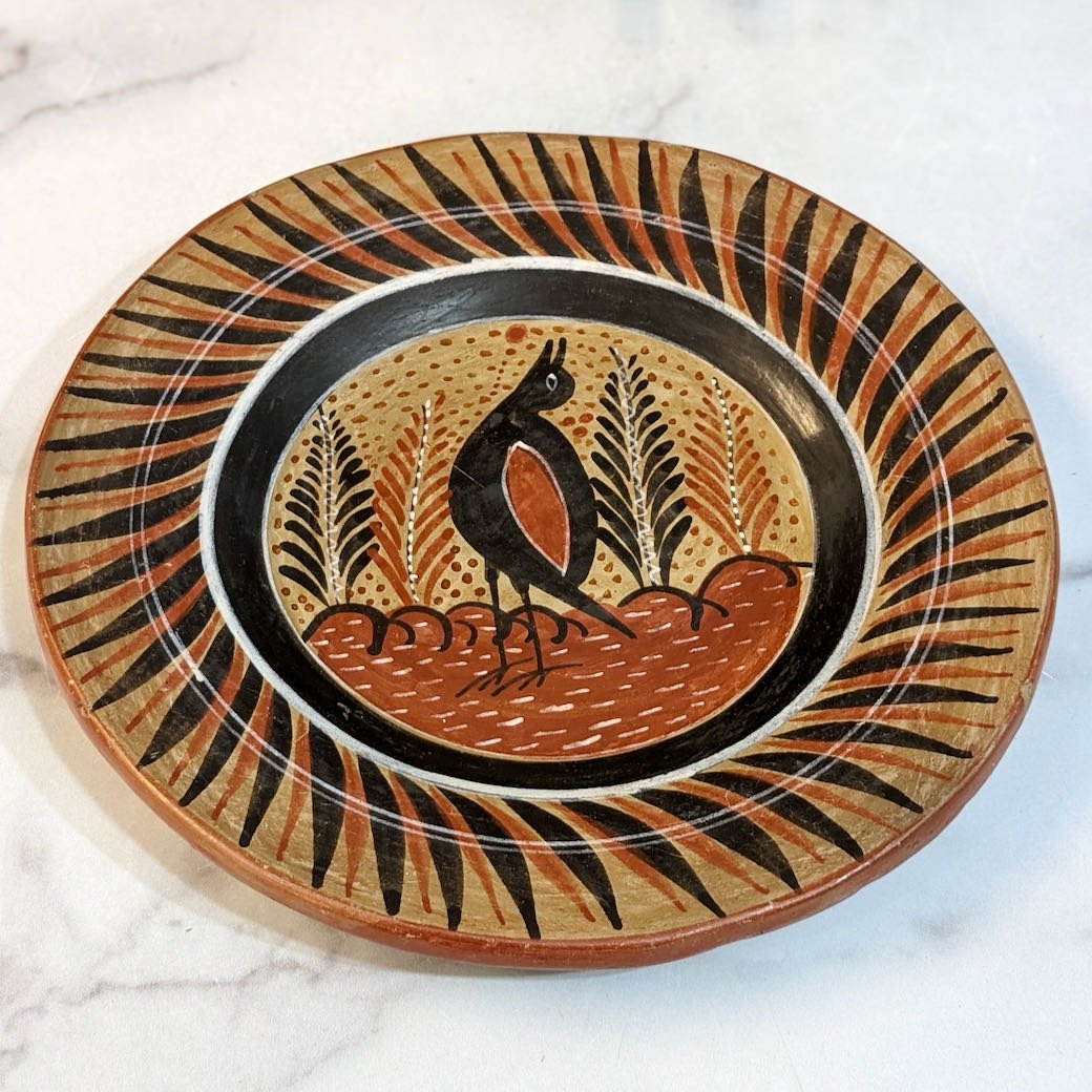 Vintage Hand - Painted Mexican Pottery Plate with Intricate Bird Design - Marmalade Mercantile