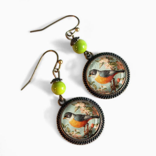 Vintage Robin Bird Vintage Inspired Glass Cabochon Earrings - Marmalade Mercantile