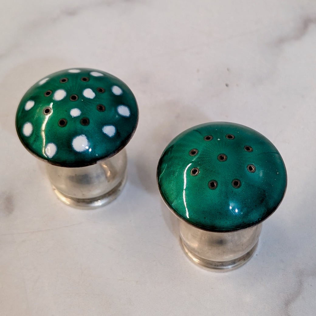 Vintage Scandanavian Enamel & Sterling Silver Mushroom Shaped Salt & Pepper Shakers - Marmalade Mercantile