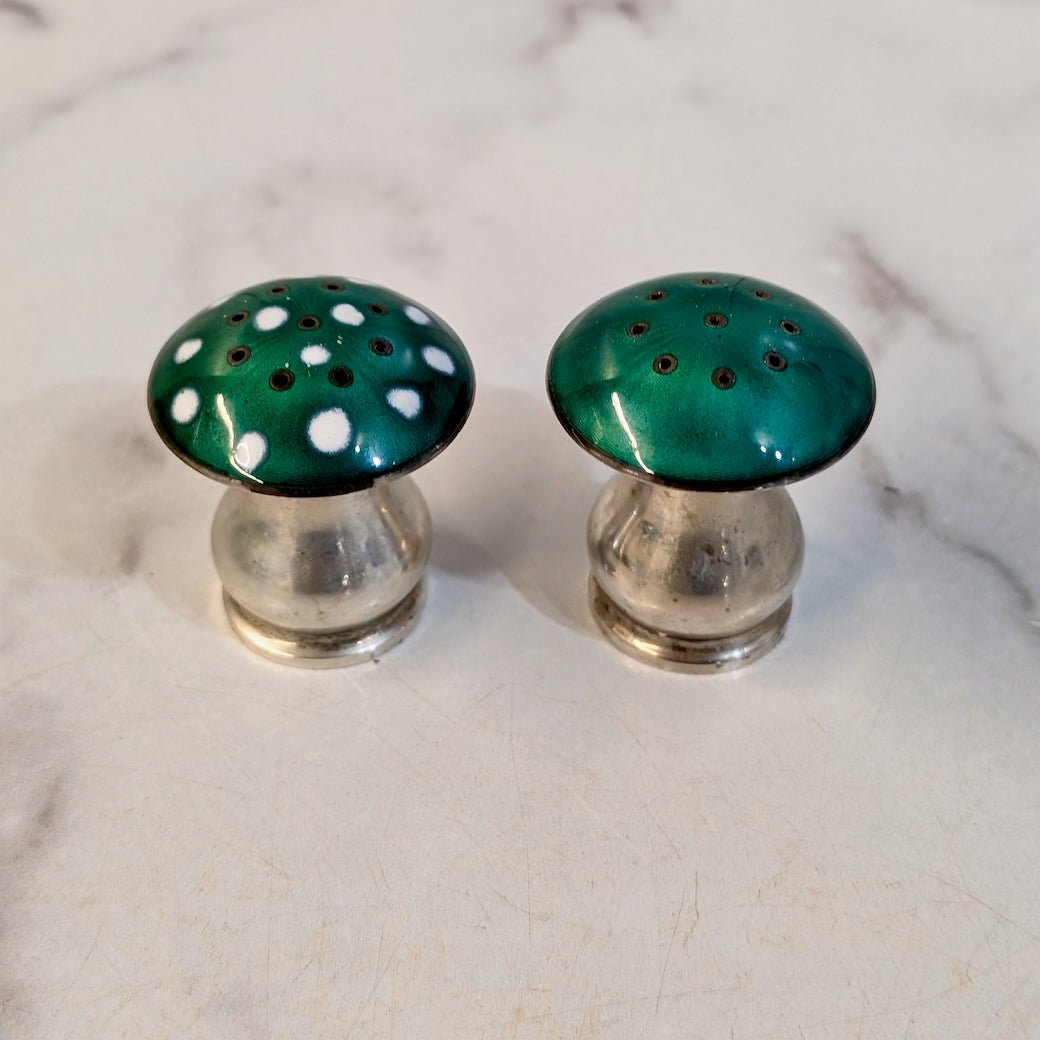 Vintage Scandanavian Enamel & Sterling Silver Mushroom Shaped Salt & Pepper Shakers - Marmalade Mercantile