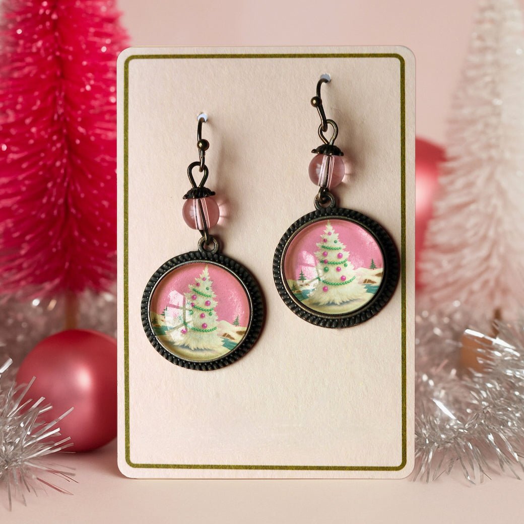 Vintage - Style Christmas Tree Earrings For Pierced Ears Pink & Green - Marmalade Mercantile
