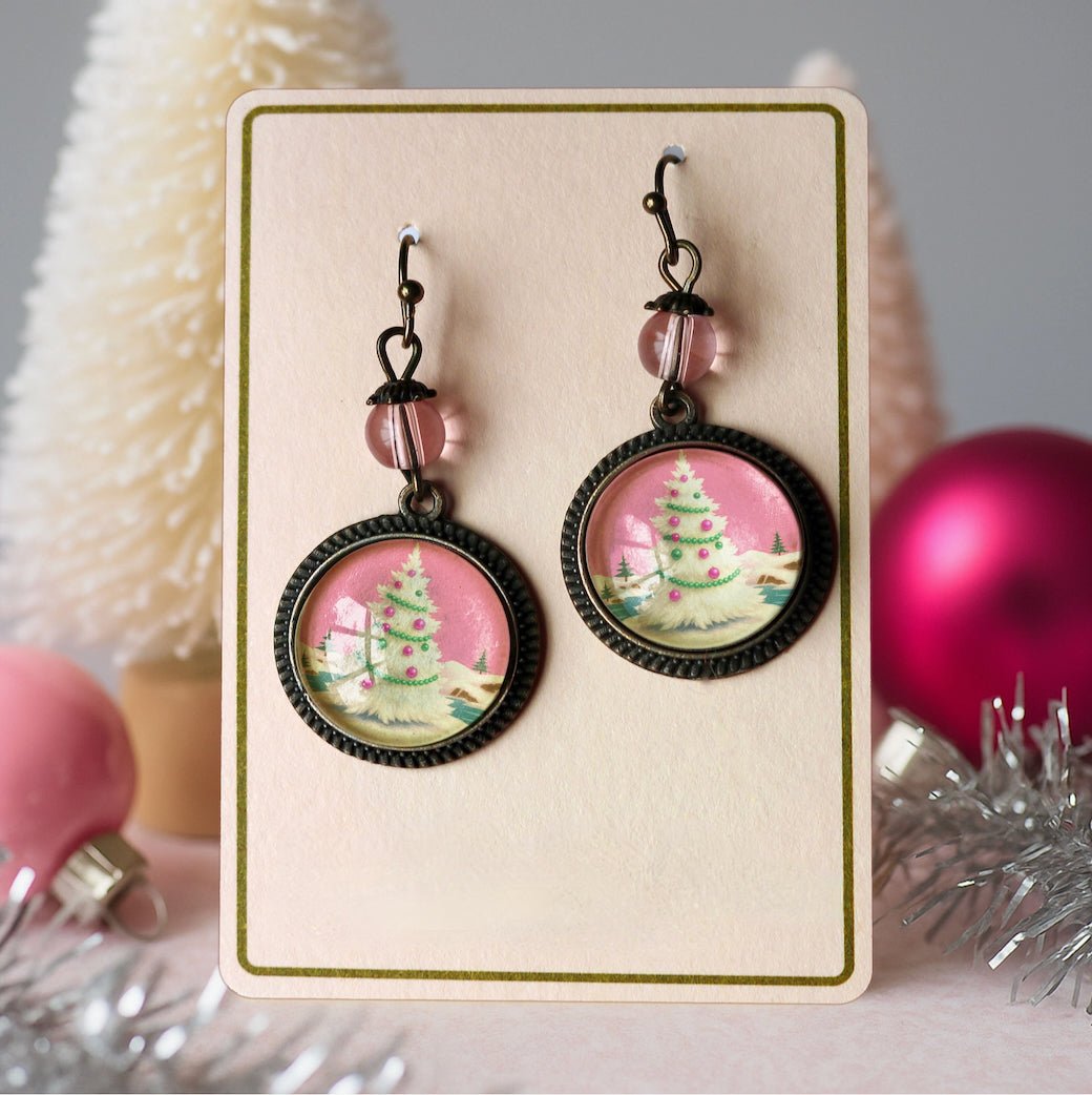 Vintage - Style Christmas Tree Earrings For Pierced Ears Pink & Green - Marmalade Mercantile