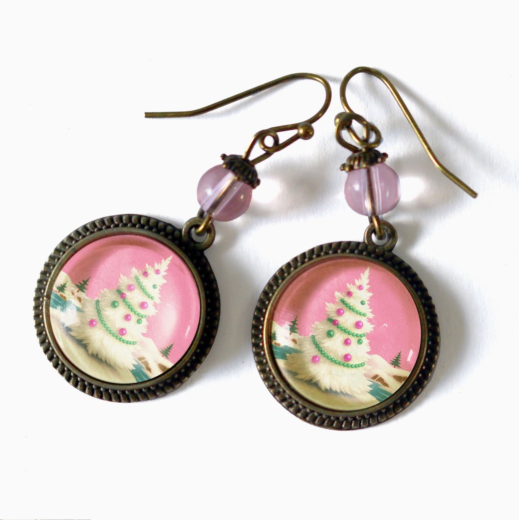 Vintage - Style Christmas Tree Earrings For Pierced Ears Pink & Green - Marmalade Mercantile