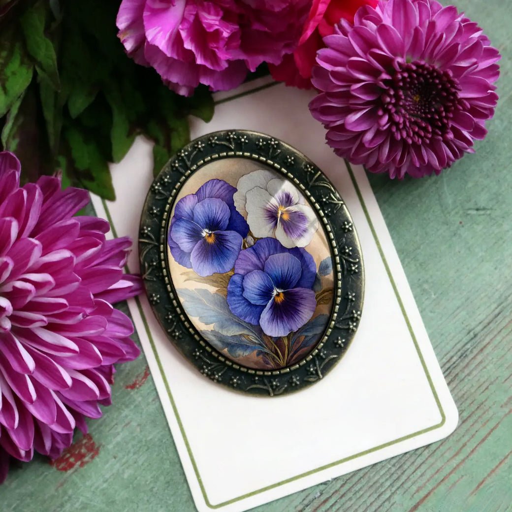 Vintage - Style Cottage Core Purple Pansies Brooch - Marmalade Mercantile