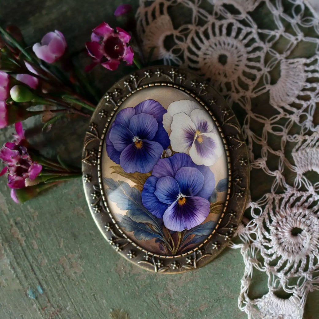 Vintage - Style Cottage Core Purple Pansies Brooch - Marmalade Mercantile