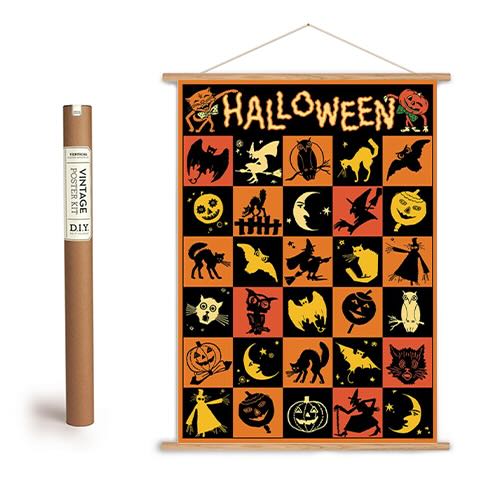 Vintage - Style Halloween Icons Checkerboard Art Poster + Hanging Kit - Marmalade Mercantile