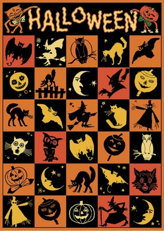 Vintage - Style Halloween Icons Checkerboard Art Poster + Hanging Kit - Marmalade Mercantile