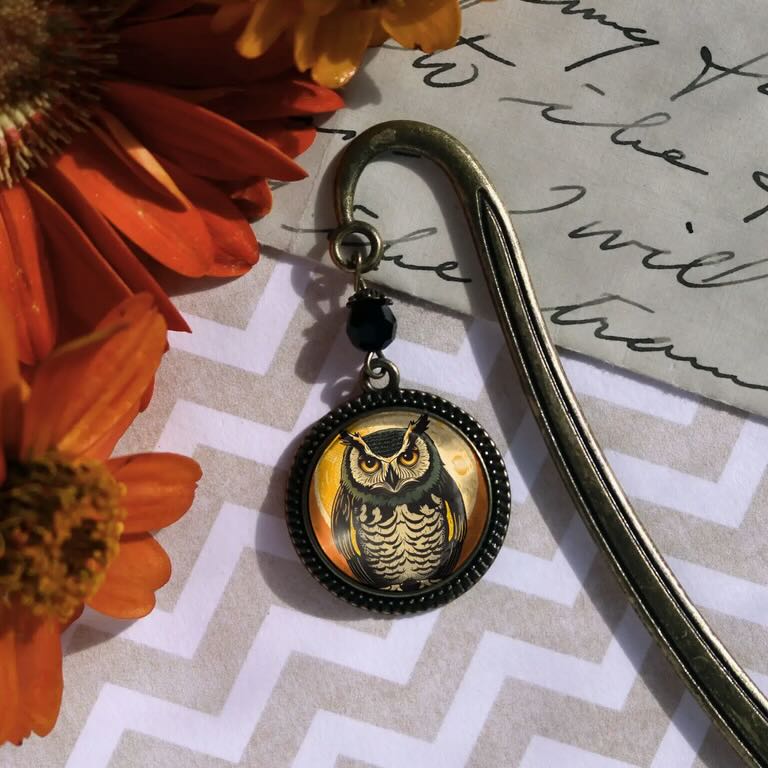 Vintage - Style Halloween Owl Bronze & Glass Cabochon Book Hook Bookmark - Marmalade Mercantile