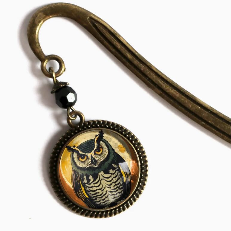 Vintage - Style Halloween Owl Bronze & Glass Cabochon Book Hook Bookmark - Marmalade Mercantile