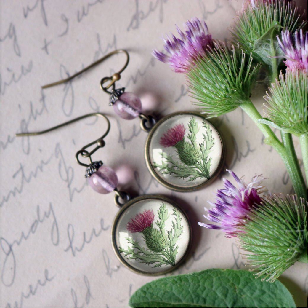 Vintage - Style Hand - made Cottage Core Scottish Thistle Earrings Pierced Ears - Marmalade Mercantile