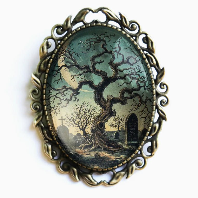 Vintage - Style Handmade Haunted Tree & Cemetery Halloween Brooch - Marmalade Mercantile