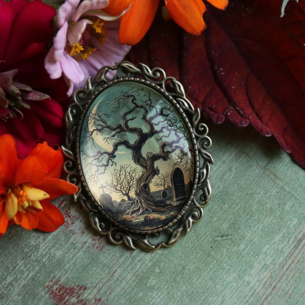 Vintage - Style Handmade Haunted Tree & Cemetery Halloween Brooch - Marmalade Mercantile