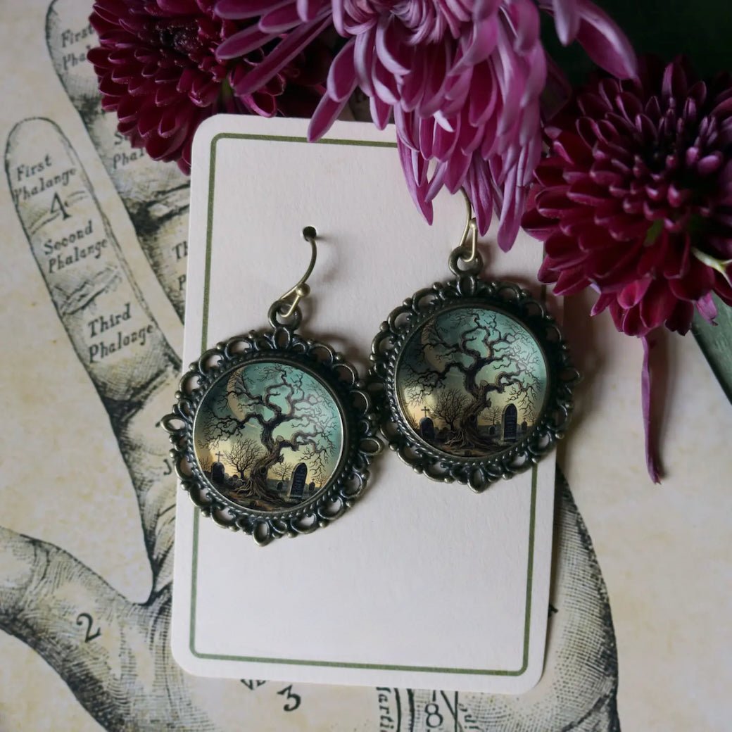 Vintage - Style Haunted Tree & Cemetery Halloween Earrings for Pierced Ears - Marmalade Mercantile