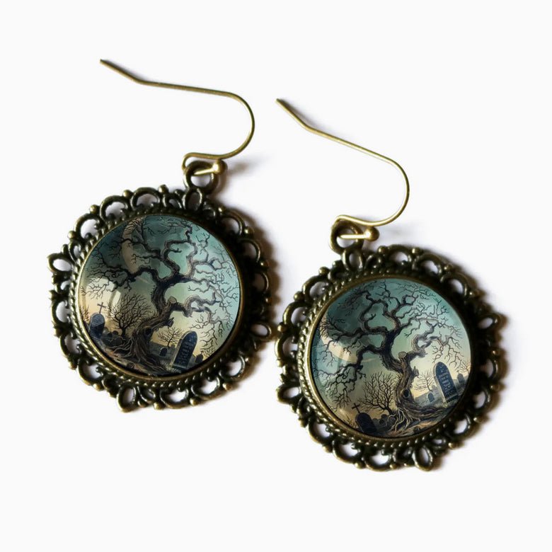 Vintage - Style Haunted Tree & Cemetery Halloween Earrings for Pierced Ears - Marmalade Mercantile