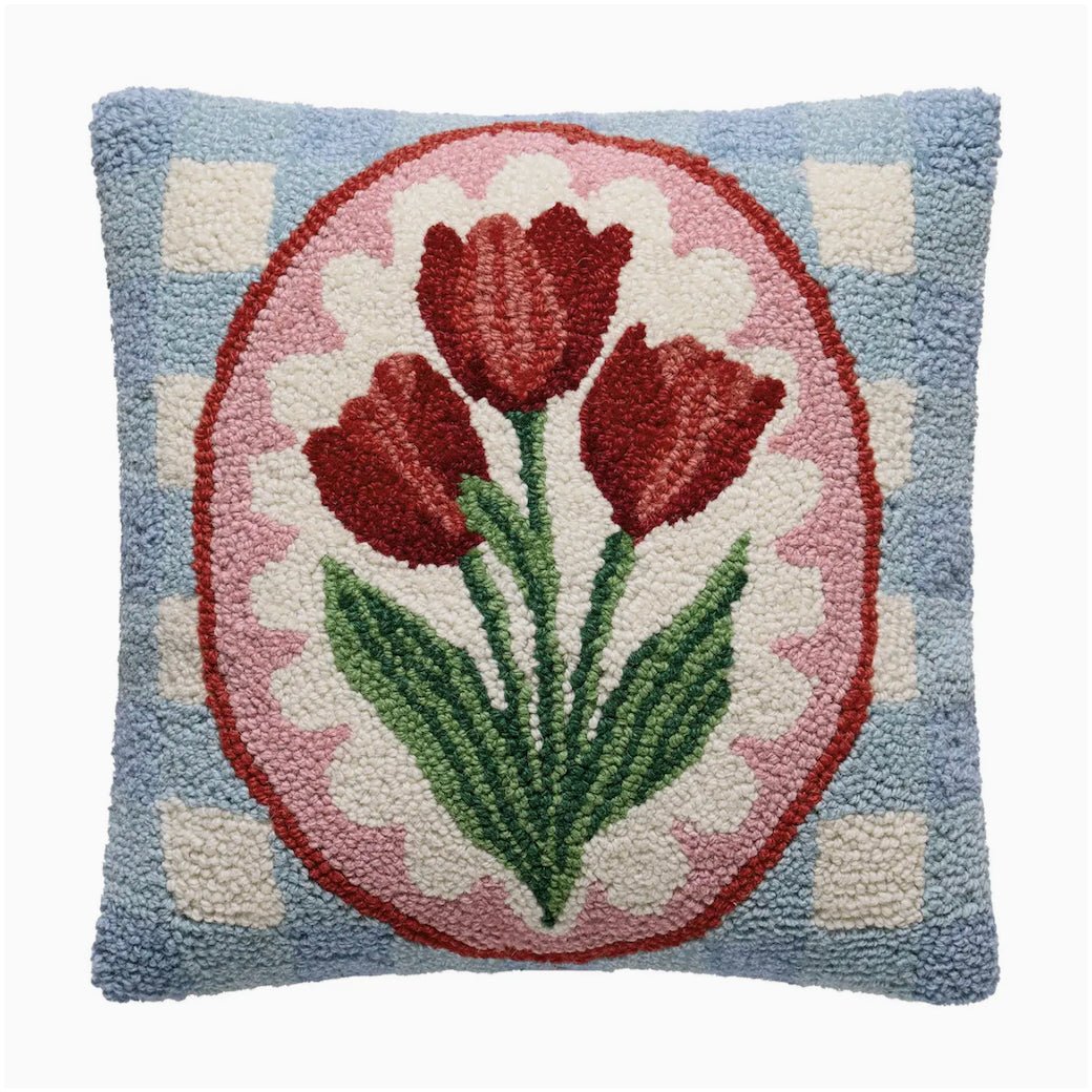 Vintage - Style Red Tulips Hooked Rug Pillow - Marmalade Mercantile