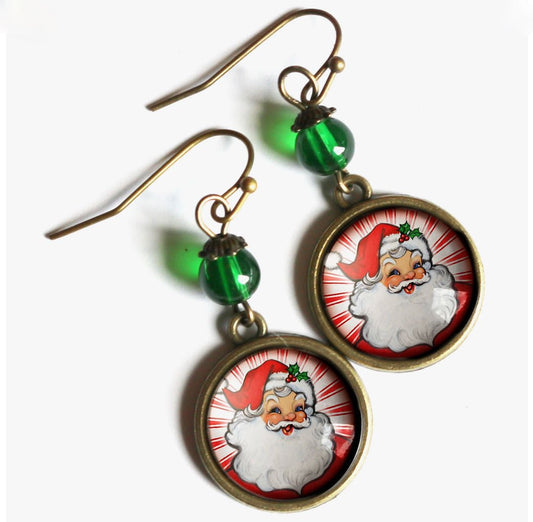 Vintage - Style Santa Earrings with Green Bead for Pierced Ears - Marmalade Mercantile