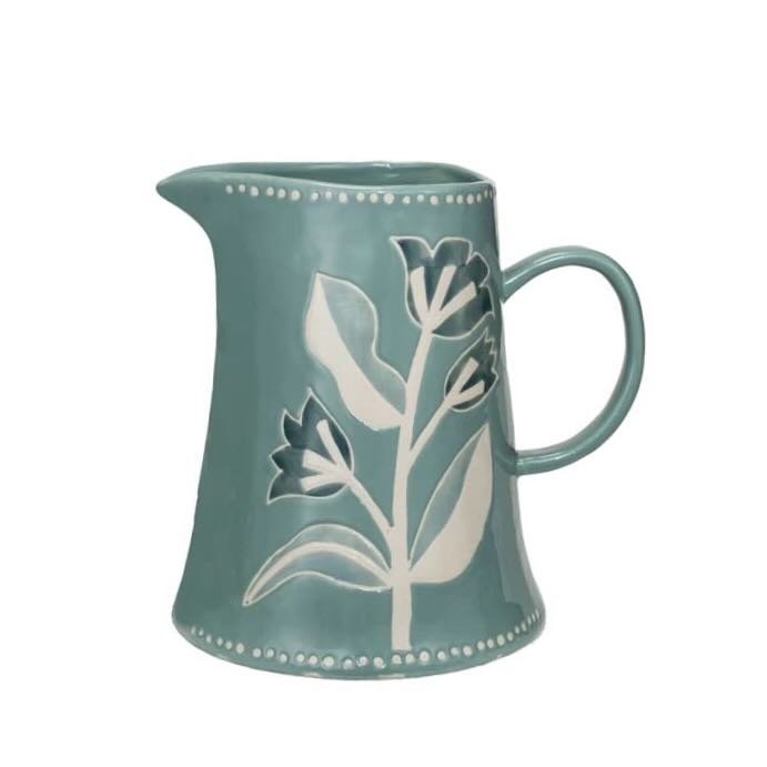 Wax Relief Pitcher w Floral Pattern Soft Teal Blue - Marmalade Mercantile