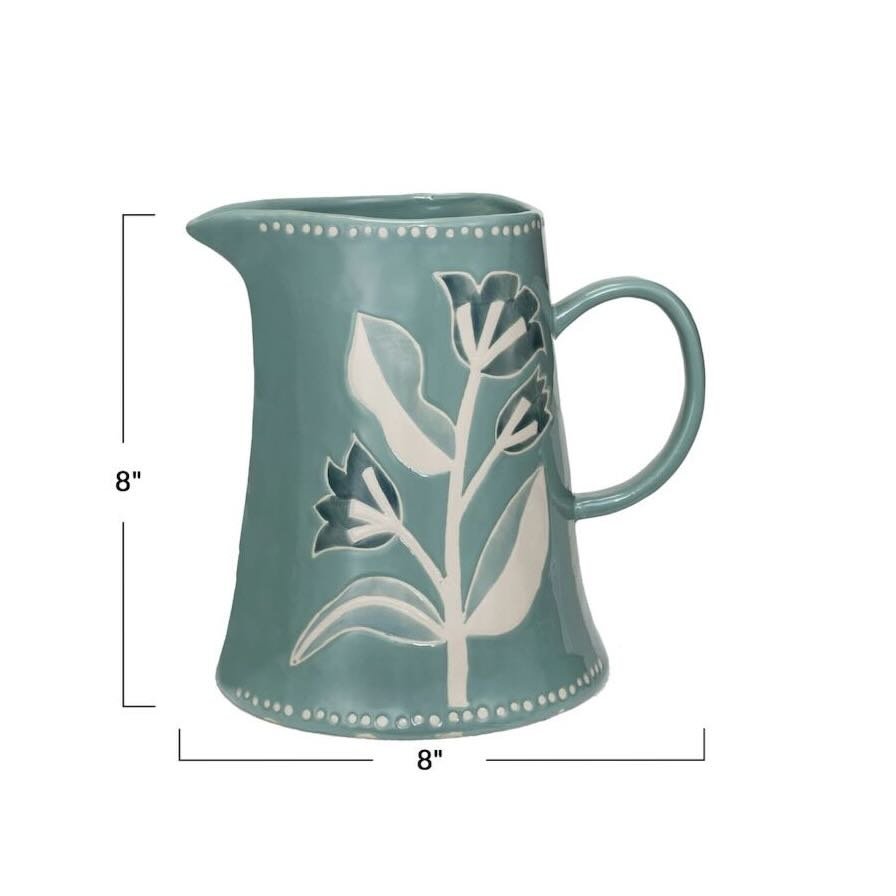 Wax Relief Pitcher w Floral Pattern Soft Teal Blue - Marmalade Mercantile