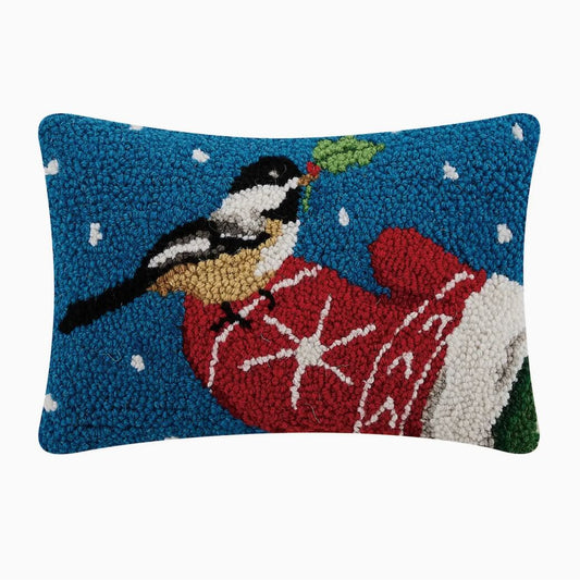 Winter Chickadee & Mitten Hooked Rug Pillow - Marmalade Mercantile