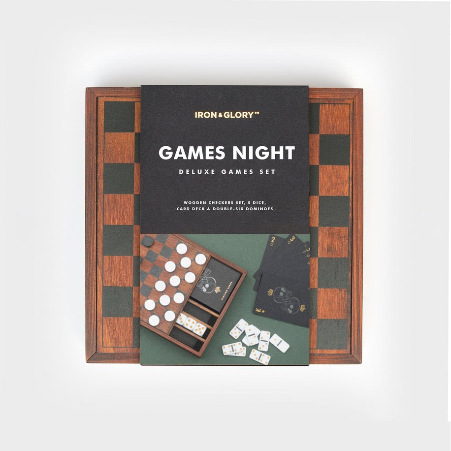 Wooden Games Night Set - Dice, Cards, Checkers, Dominoes - Marmalade Mercantile