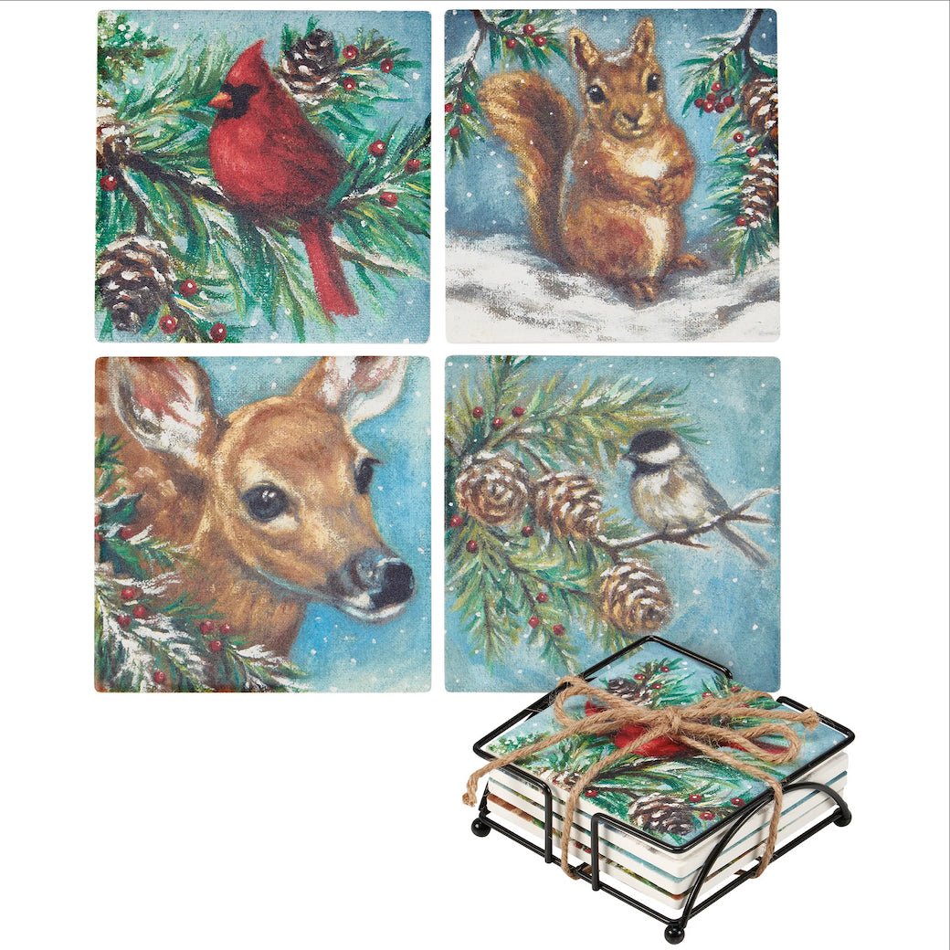 Woodland Family Coaster Set - Cardinal, Squirrel, Faun, Chickadee - Marmalade Mercantile