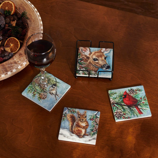 Woodland Family Coaster Set - Cardinal, Squirrel, Faun, Chickadee - Marmalade Mercantile