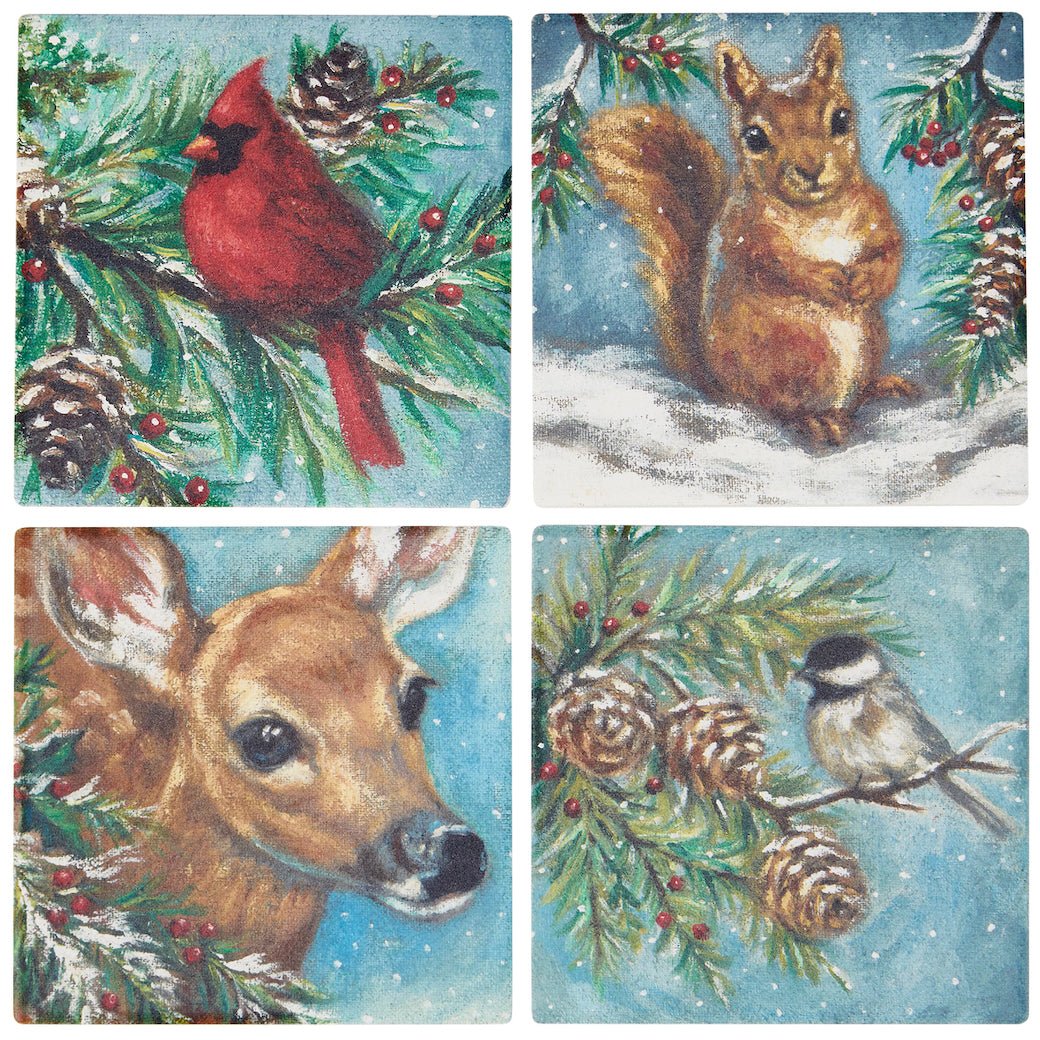 Woodland Family Coaster Set - Cardinal, Squirrel, Faun, Chickadee - Marmalade Mercantile