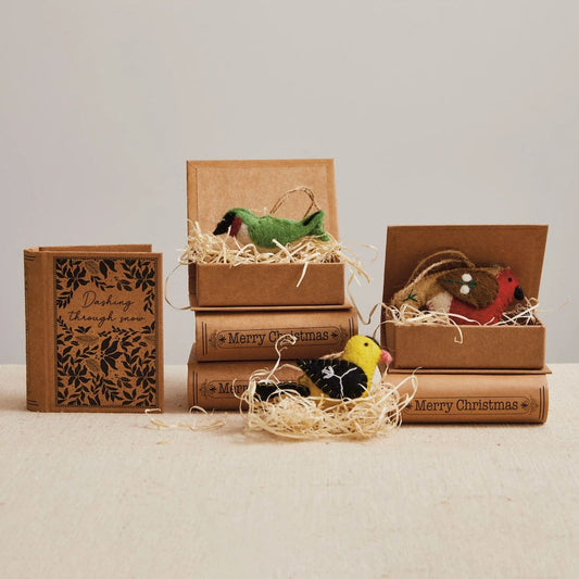 Wool Bird Christmas Ornament in a Book - Shaped Box CHOICE of 4 Styles - Marmalade Mercantile