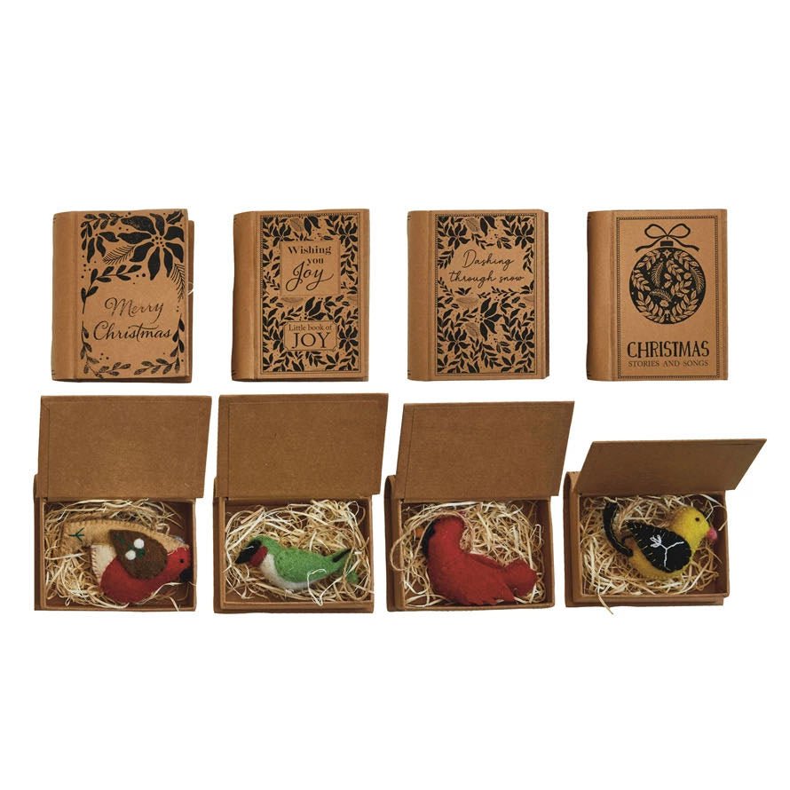 Wool Bird Christmas Ornament in a Book - Shaped Box CHOICE of 4 Styles - Marmalade Mercantile