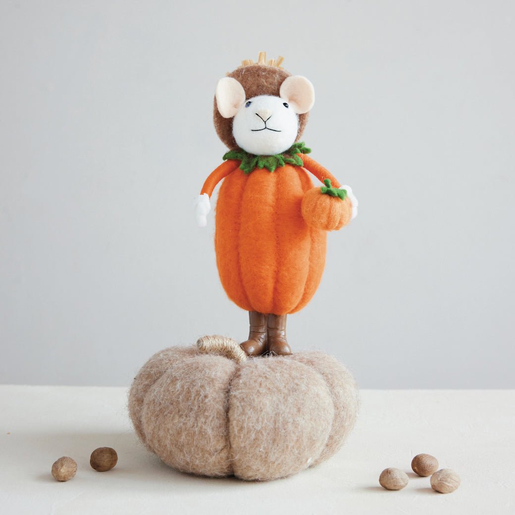 Wool Felt Mouse Critter with Pumpkin Costume & Resin Boots 10" - Marmalade Mercantile