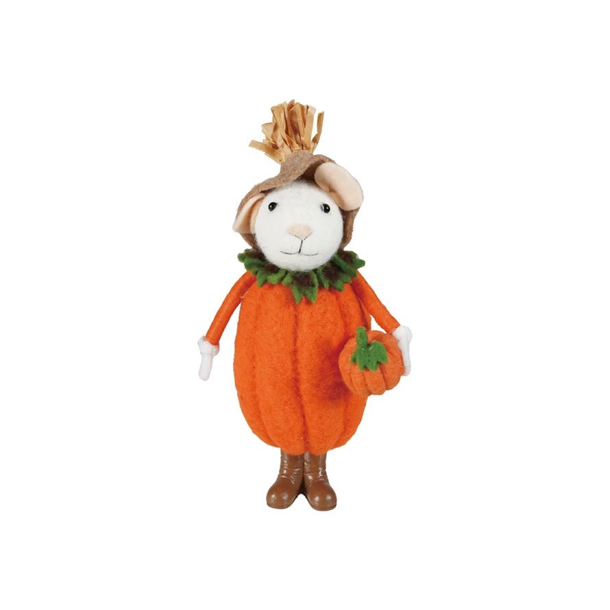 Wool Felt Mouse Critter with Pumpkin Costume & Resin Boots 10" - Marmalade Mercantile