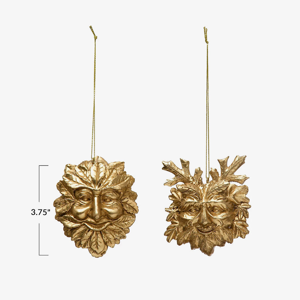 Set of Two Ornate Cast Resin Gold Finish Green Man Christmas Ornaments