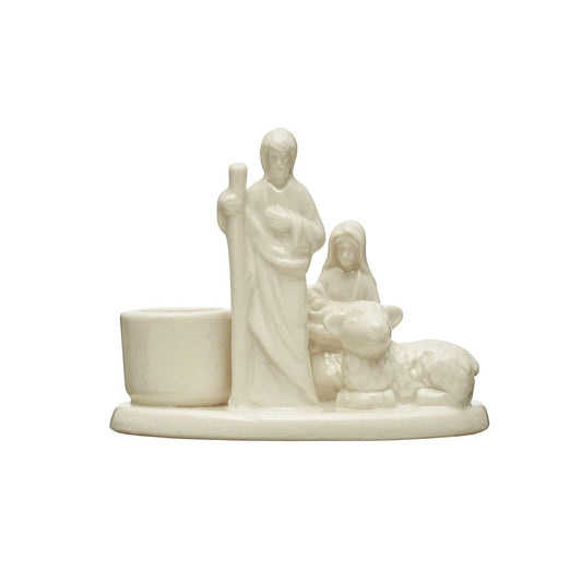Stoneware Holy Family Christmas Nativity Taper Holder