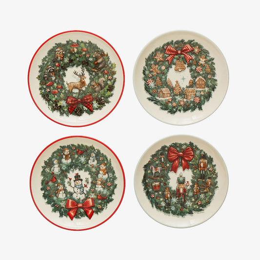 Set of Four 5” Stoneware Snack Plates with Holiday Wreaths